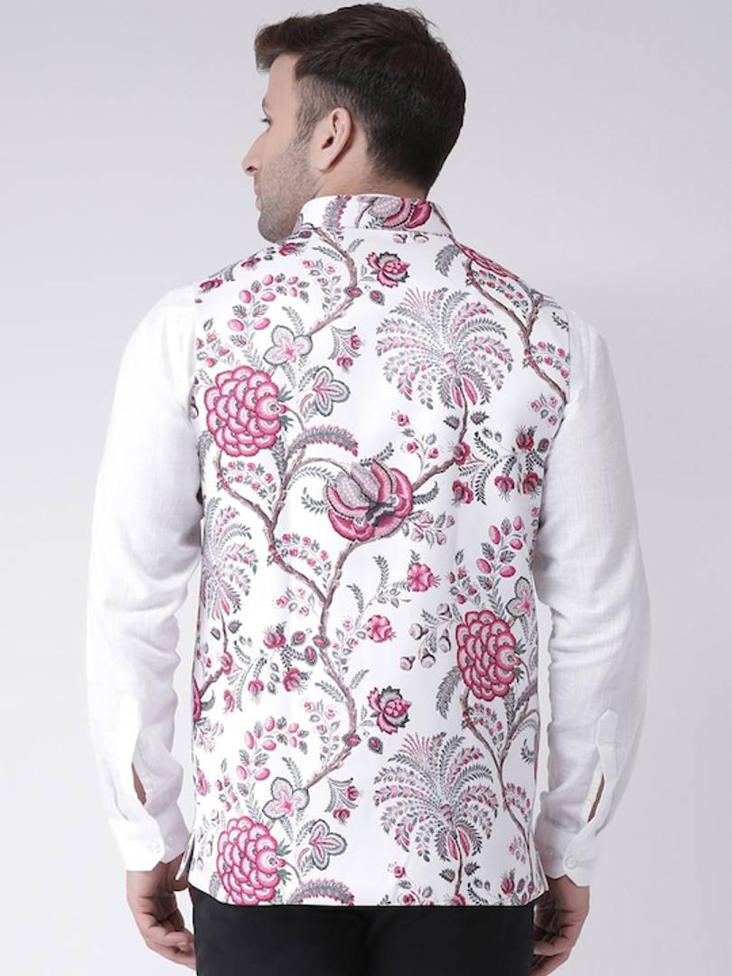 Men's White Viscose
 Printed Nehru Jackets